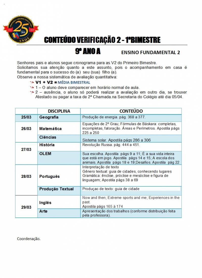 Cronograma de Verificao 2 - 9 Ano - Matutino - 1 Bimestre 2019
