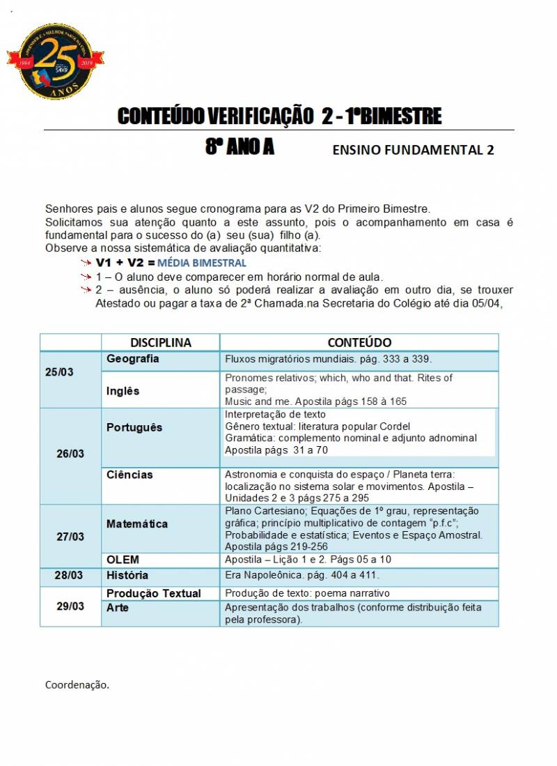 Cronograma de Verificao 2 - 8 Ano - Matutino - 1 Bimestre 2019