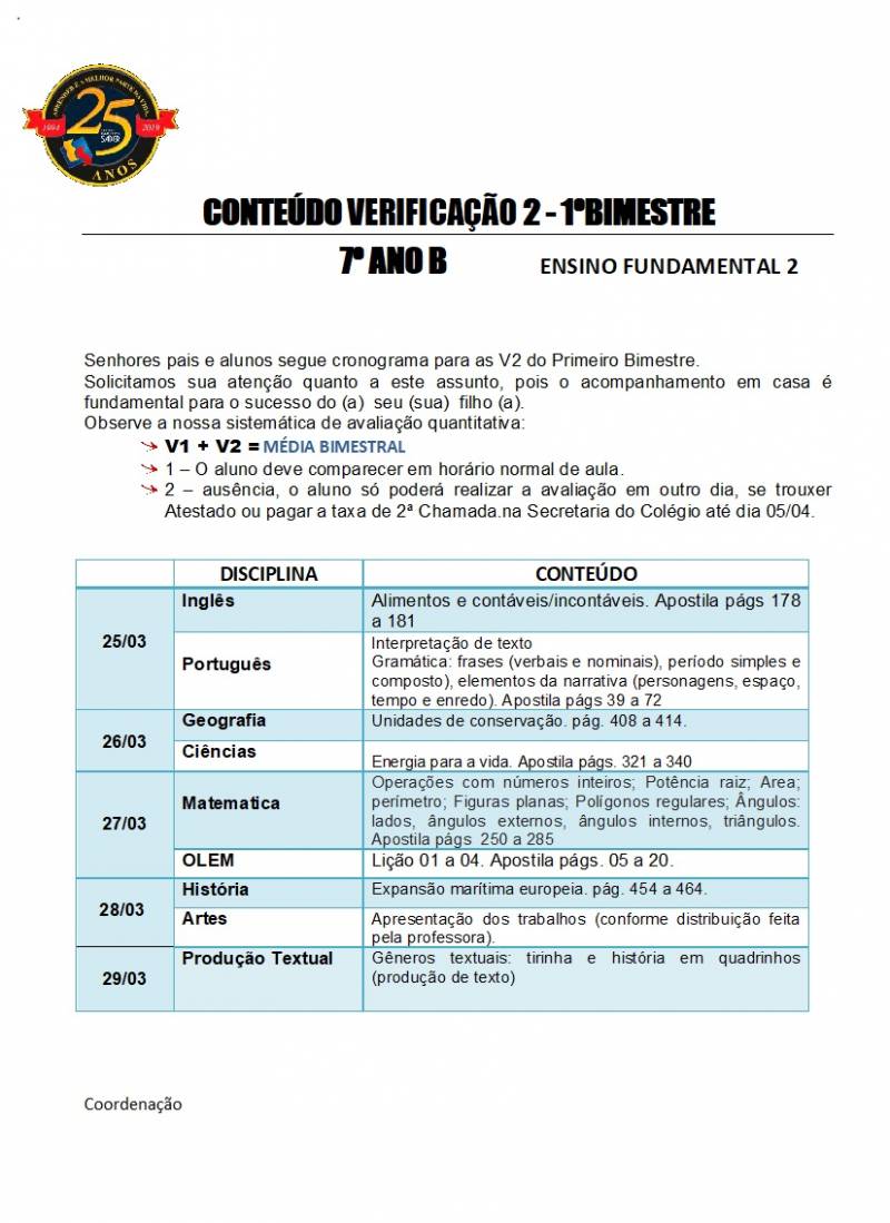 Cronograma de Verificao 2 - 7 Ano - Vespertino - 1 Bimestre 2019