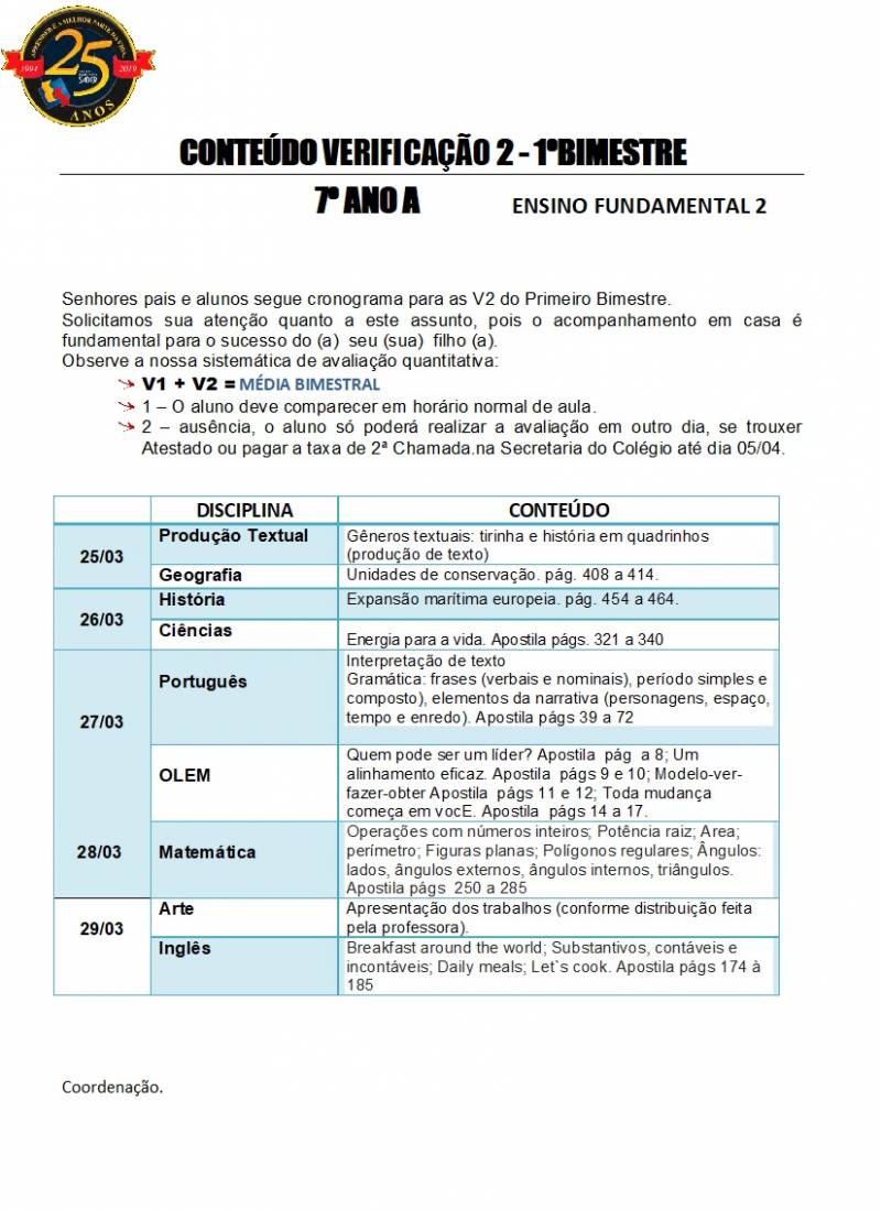 Cronograma de Verificao 2 - 7 Ano - Matutino - 1 Bimestre 2019