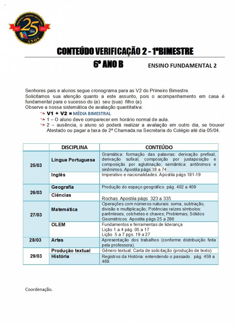 Cronograma de Verificao 2 - 6 Ano - Vespertino - 1 Bimestre 2019