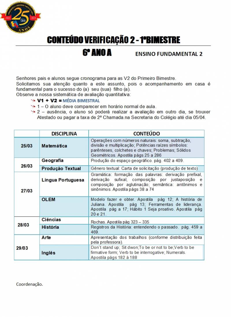 Cronograma de Verificao 2 - 6 Ano - Matutino - 1 Bimestre 2019