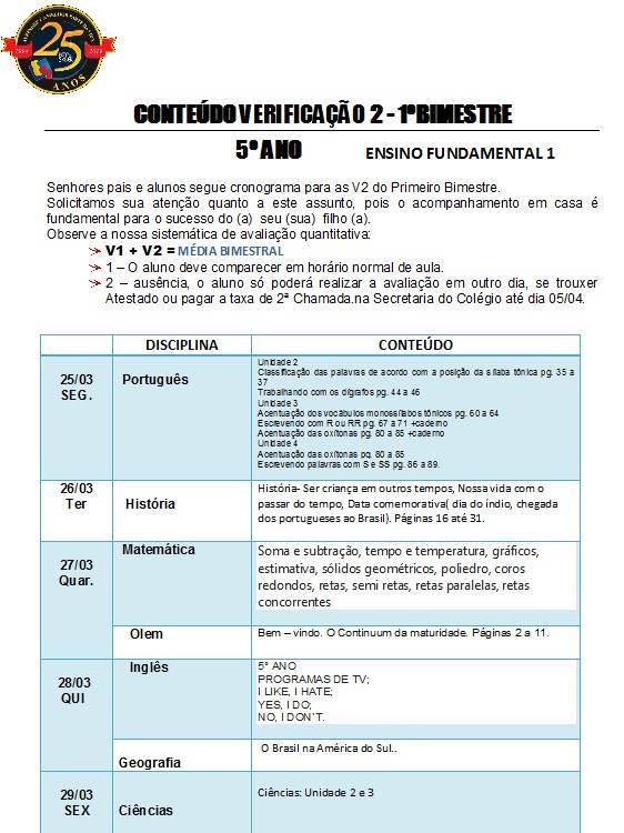 Cronograma de Verificao 2 - 5 Ano - Matutino - 1 Bimestre 2019