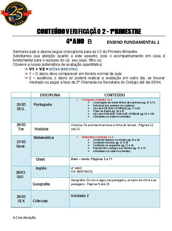 Cronograma de Verificao 2 - 4 Ano - Vespertino - 1 Bimestre 2019