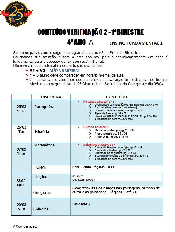 Cronograma de Verificao 2 - 4 Ano - Matutino - 1 Bimestre 2019