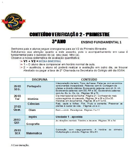 Cronograma de Verificao 2 - 3 Ano - Matutino - 1 Bimestre 2019