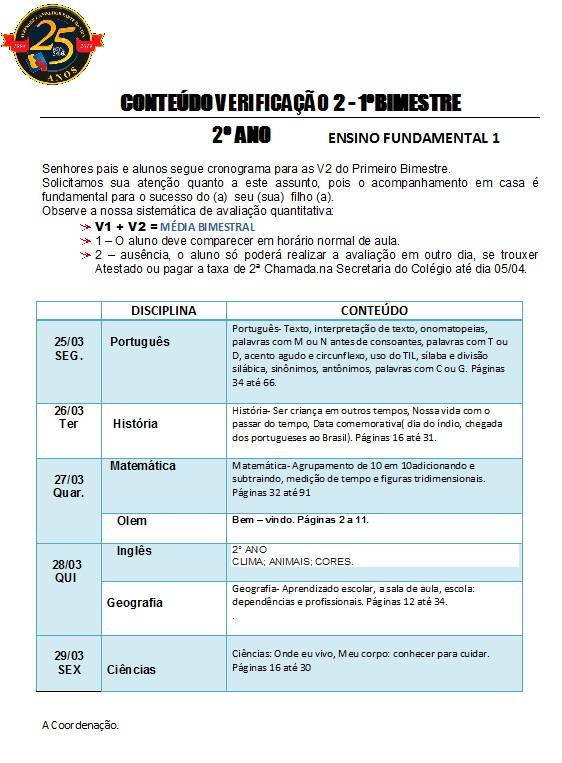 Cronograma de Verificao 2 - 2 Ano - Vespertino - 1 Bimestre 2019