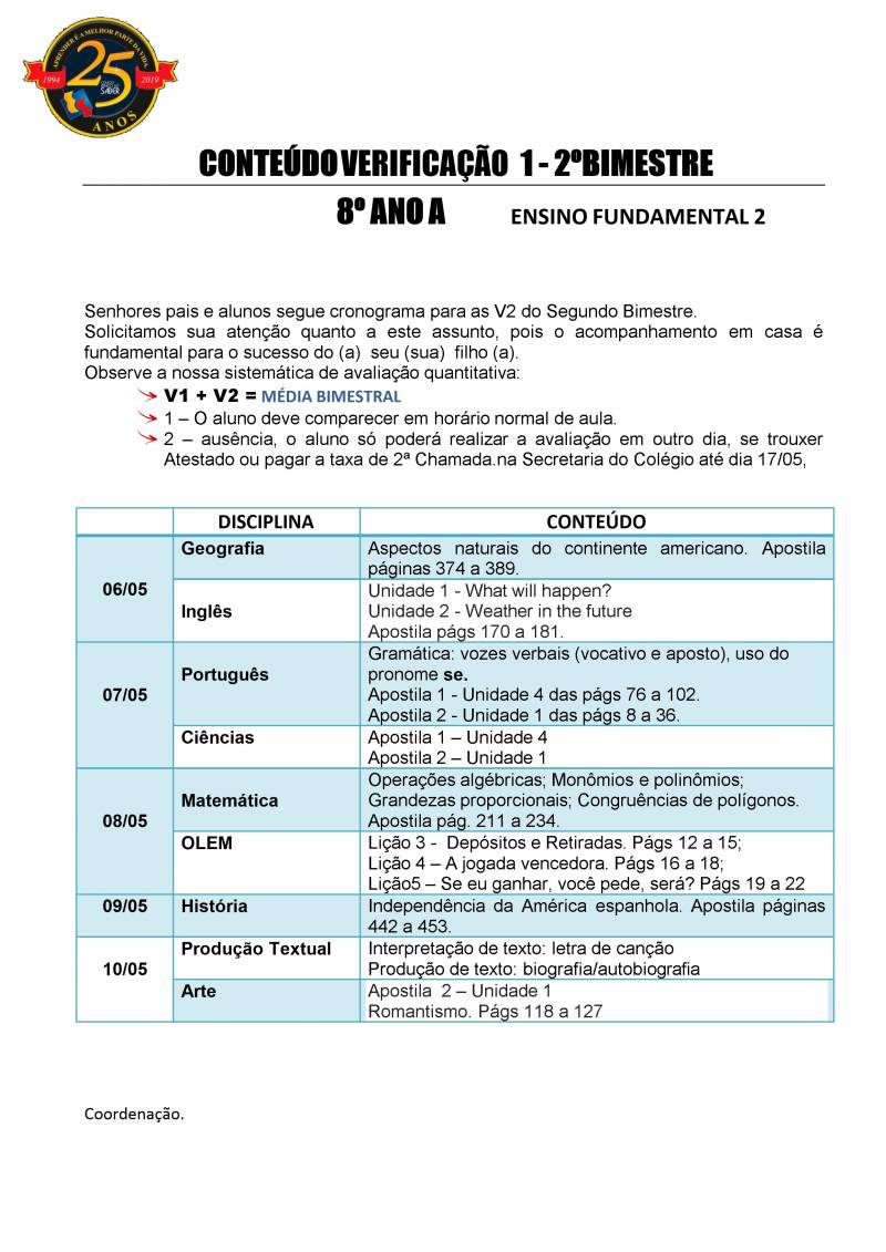 Cronograma de Verificao 1 - 8 Ano - Matutino - 2 Bimestre 2019