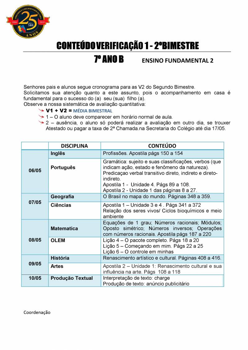 Cronograma de Verificao 1 - 7 Ano - Vespertino - 2 Bimestre 2019