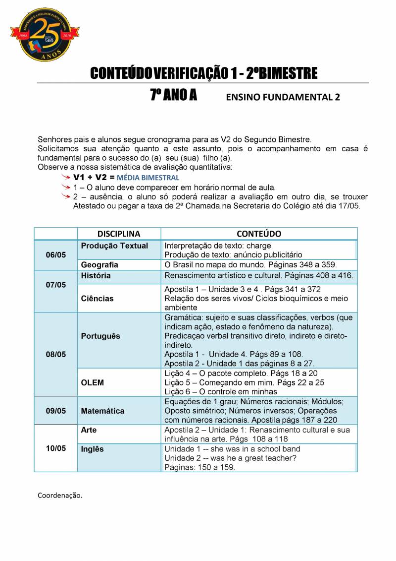 Cronograma de Verificao 1 - 7 Ano - Matutino - 2 Bimestre 2019