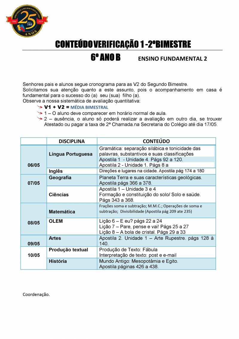 Cronograma de Verificao 1 - 6 Ano - Vespertino - 2 Bimestre 2019