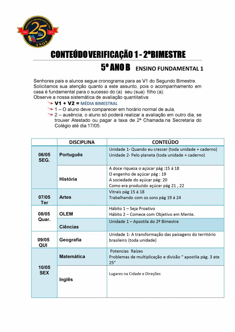 Cronograma de Verificao 1 - 5 Ano - Vespertino - 2 Bimestre 2019