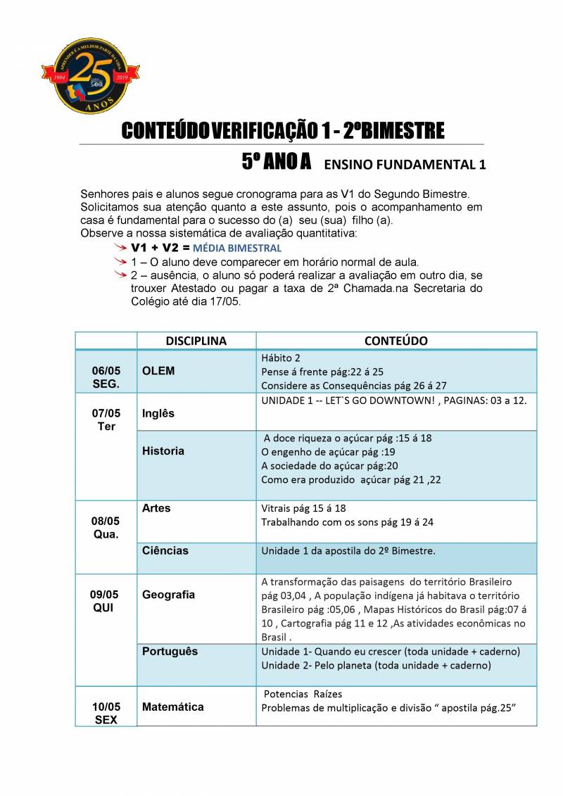 Cronograma de Verificao 1 - 5 Ano - Matutino - 2 Bimestre 2019