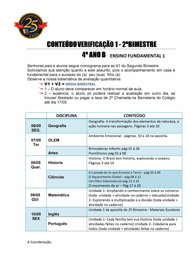 Cronograma de Verificao 1 - 4 Ano - Vespertino - 2 Bimestre 2019