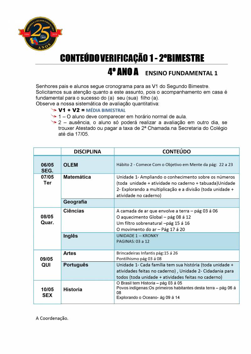 Cronograma de Verificao 1 - 4 Ano - Matutino - 2 Bimestre 2019