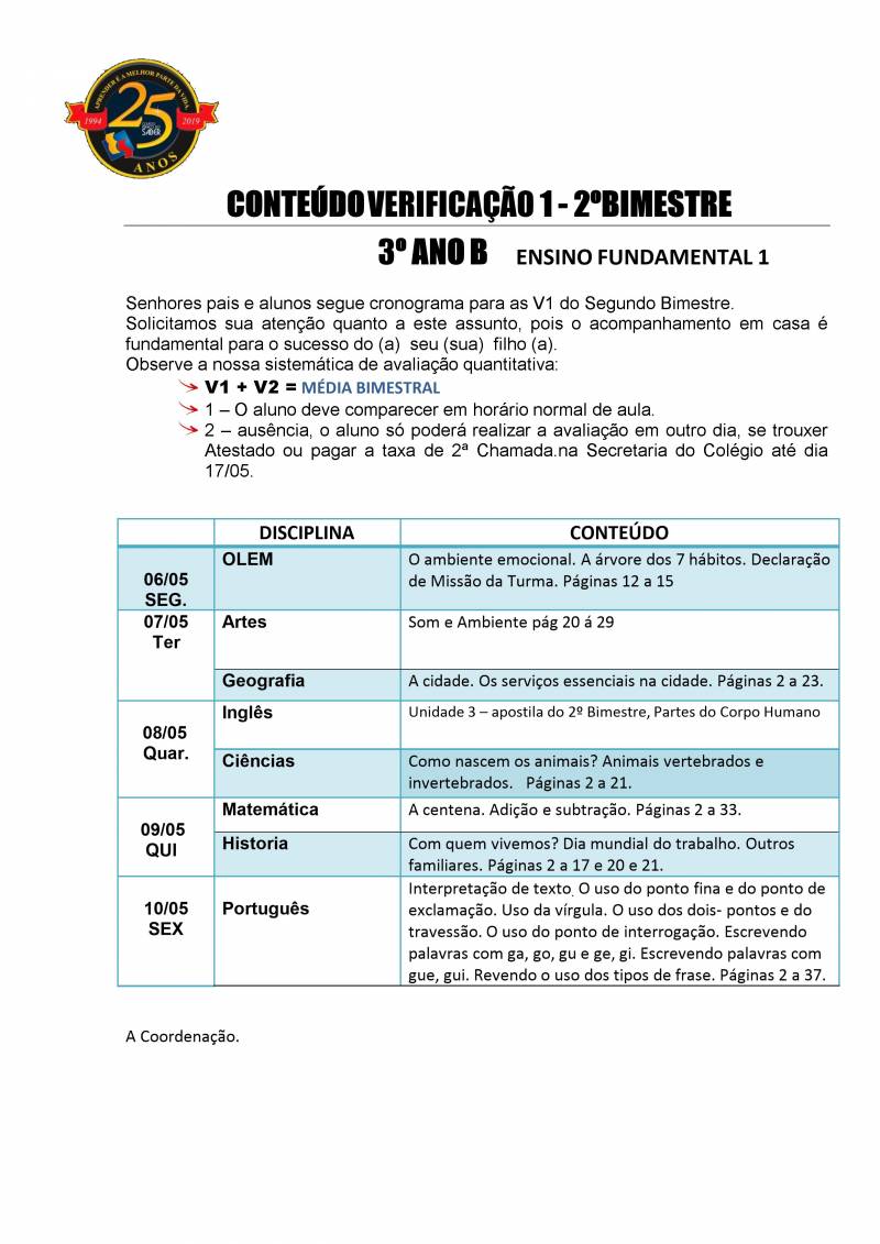 Cronograma de Verificao 1 - 3 Ano - Vespertino - 2 Bimestre 2019