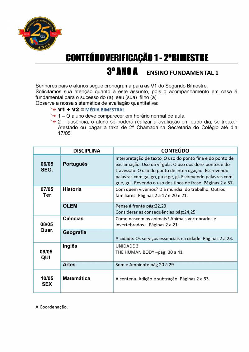 Cronograma de Verificao 1 - 3 Ano - Matutino - 2 Bimestre 2019
