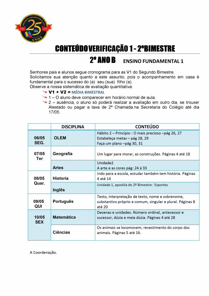 Cronograma de Verificao 1 - 2 Ano - Vespertino - 2 Bimestre 2019