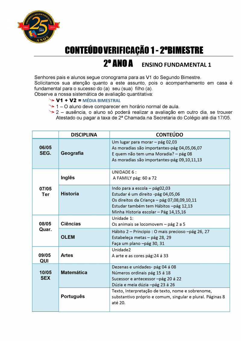 Cronograma de Verificao 1 - 2 Ano - Matutino - 2 Bimestre 2019