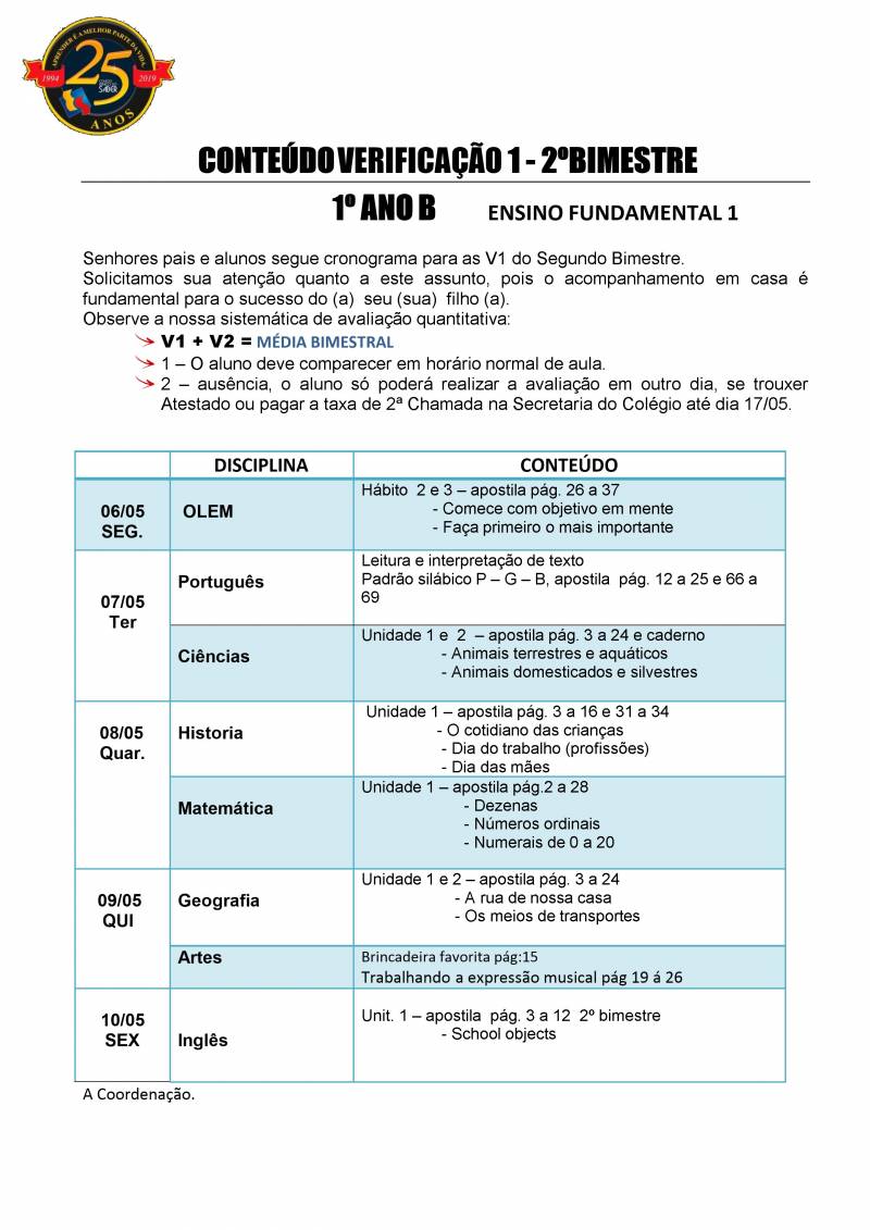 Cronograma de Verificao 1 - 1 Ano - Vespertino - 2 Bimestre 2019