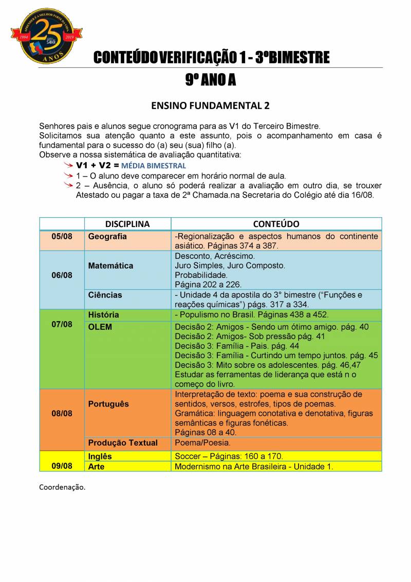 Cronograma de Verificao 1 - 9 Ano - Matutino - 3 Bimestre 2019