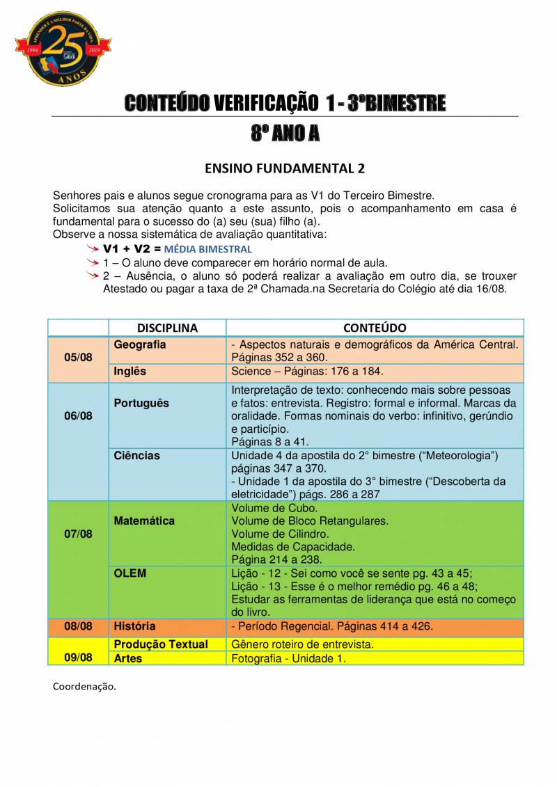 Cronograma de Verificao 1 - 8 Ano - Matutino - 3 Bimestre 2019