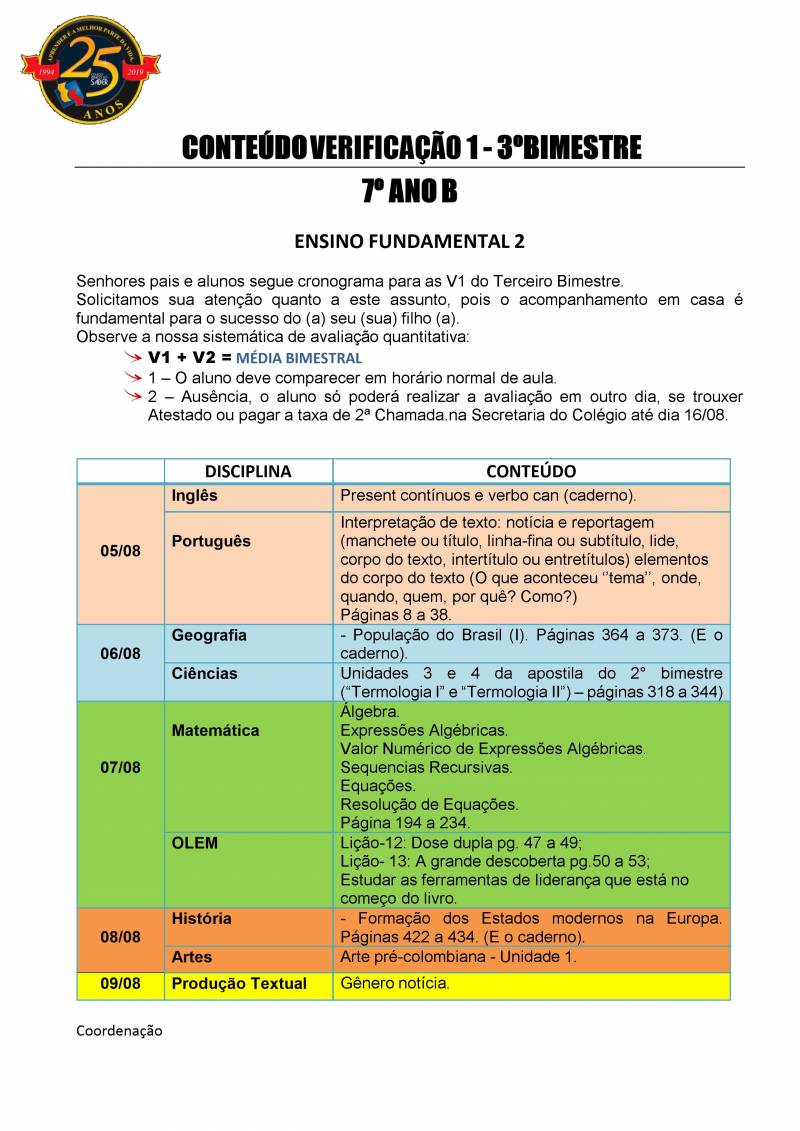 Cronograma de Verificao 1 - 7 Ano - Vespertino - 3 Bimestre 2019
