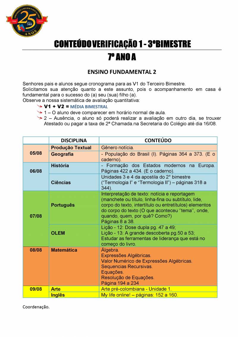 Cronograma de Verificao 1 - 7 Ano - Matutino - 3 Bimestre 2019