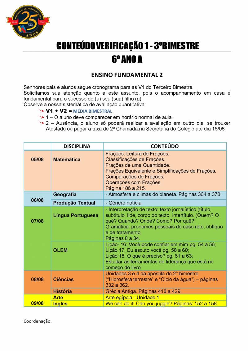 Cronograma de Verificao 1 - 6 Ano - Matutino - 3 Bimestre 2019