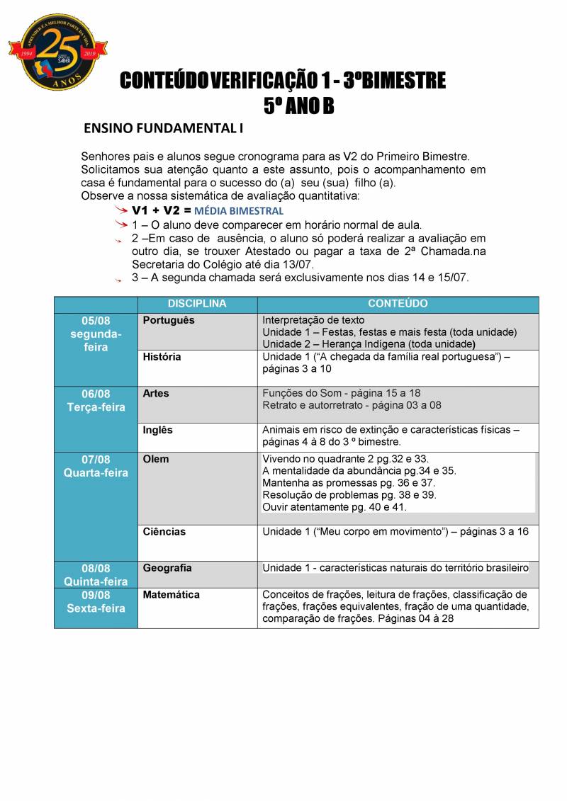 Cronograma de Verificao 1 - 5 Ano - Vespertino - 3 Bimestre 2019