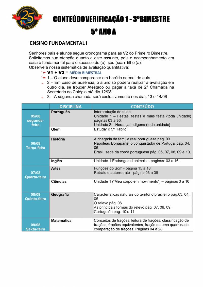 Cronograma de Verificao 1 - 5 Ano - Matutino - 3 Bimestre 2019