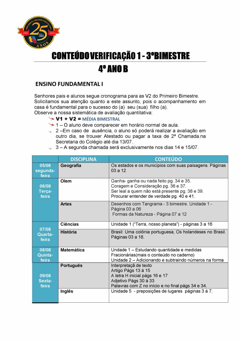 Cronograma de Verificao 1 - 4 Ano - Vespertino - 3 Bimestre 2019