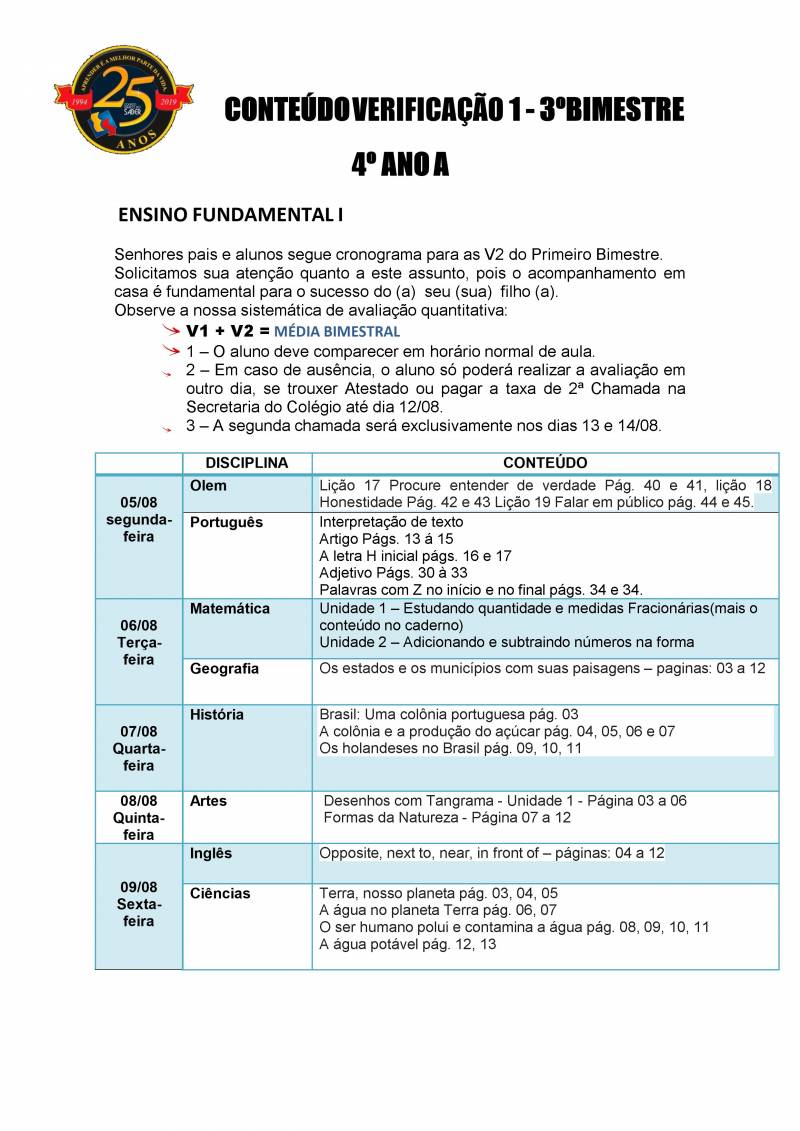 Cronograma de Verificao 1 - 4 Ano - Matutino - 3 Bimestre 2019