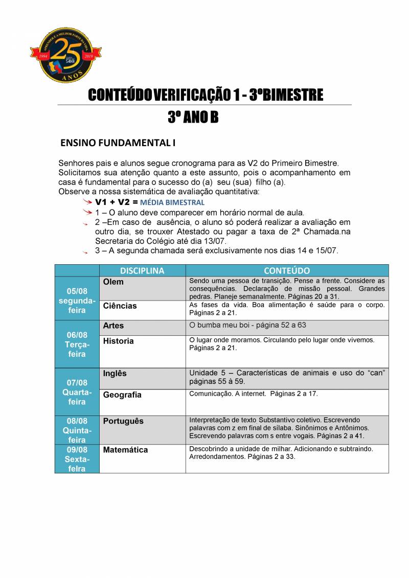 Cronograma de Verificao 1 - 3 Ano - Vespertino - 3 Bimestre 2019
