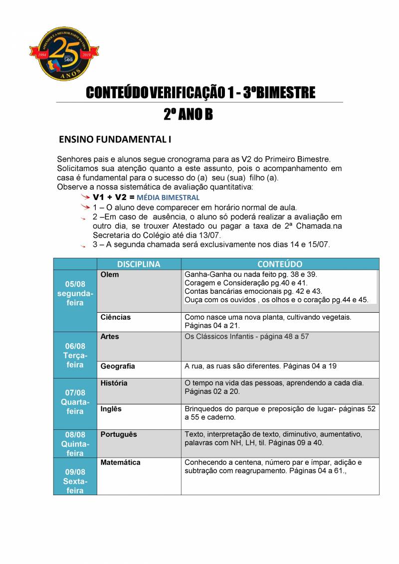 Cronograma de Verificao 1 - 2 Ano - Vespertino - 3 Bimestre 2019