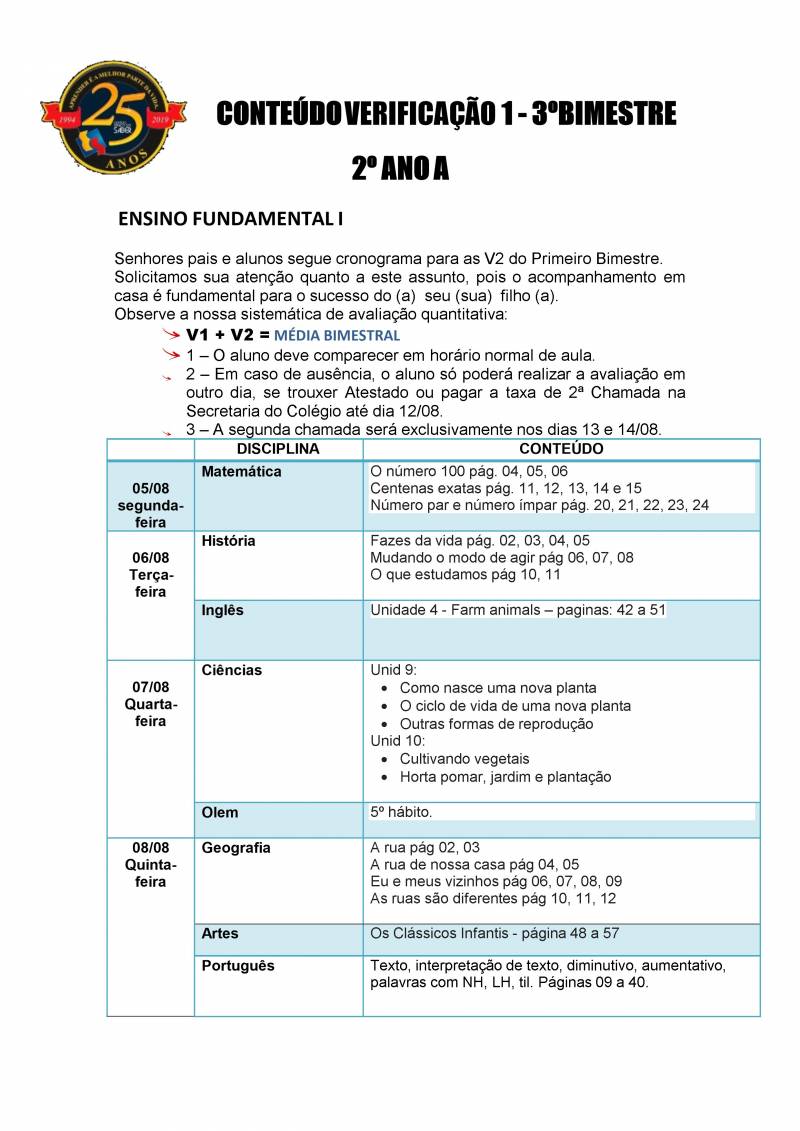 Cronograma de Verificao 1 - 2 Ano - Matutino - 3 Bimestre 2019