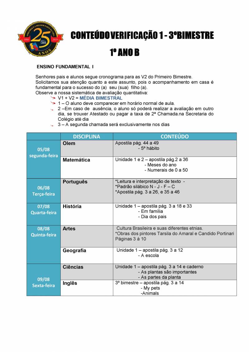 Cronograma de Verificao 1 - 1 Ano - Vespertino - 3 Bimestre 2019