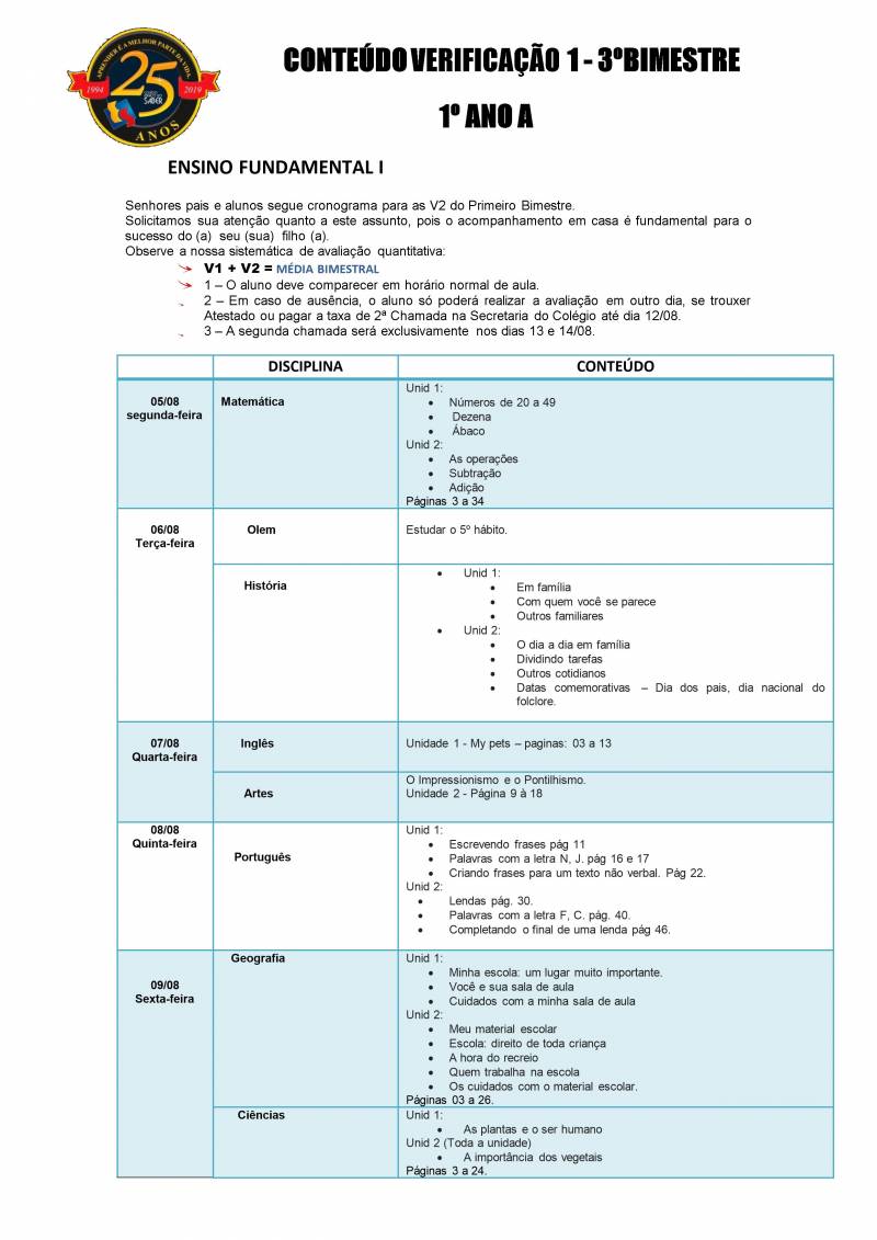 Cronograma de Verificao 1 - 1 Ano - Matutino - 3 Bimestre 2019