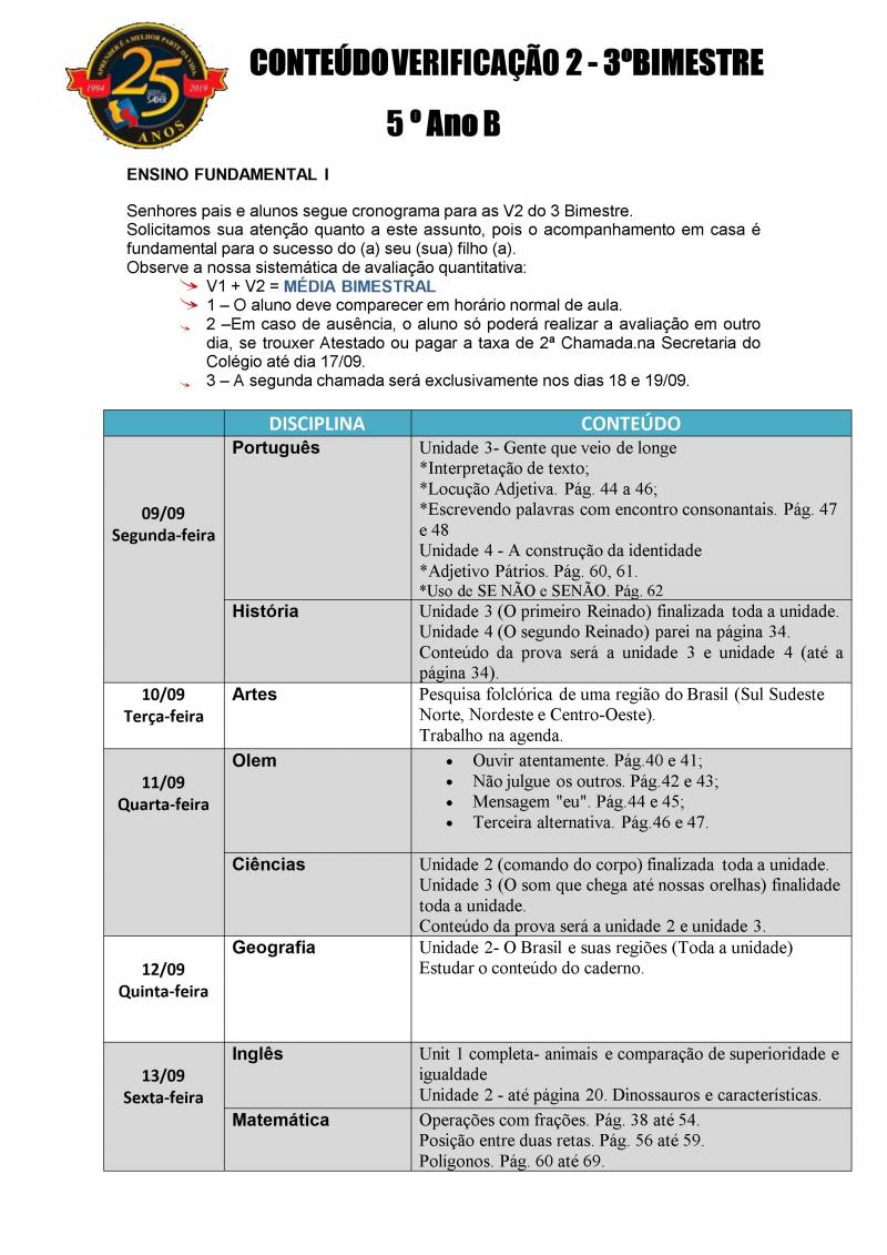 Cronograma de Verificao 2 - 5 Ano - Vespertino - 3 Bimestre 2019