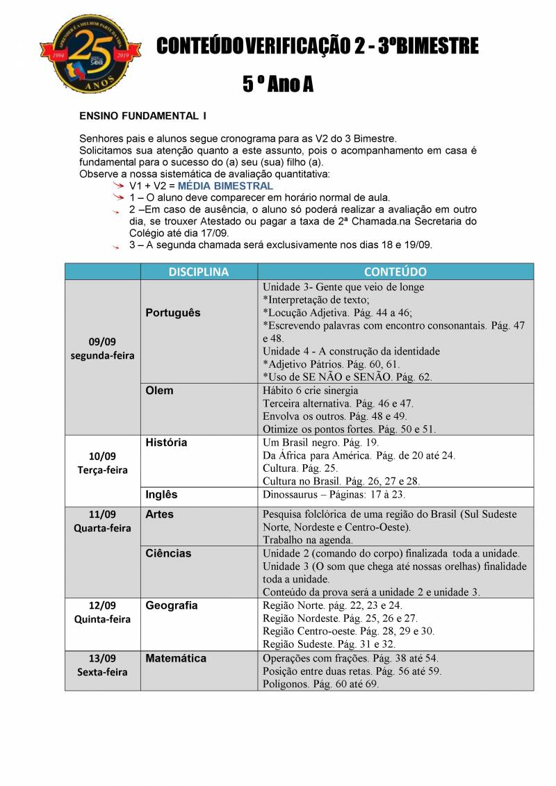Cronograma de Verificao 2 - 5 Ano - Matutino - 3 Bimestre 2019