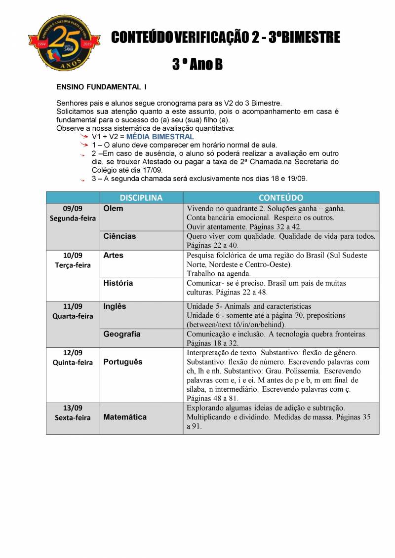 Cronograma de Verificao 2 - 3 Ano - Vespertino - 3 Bimestre 2019