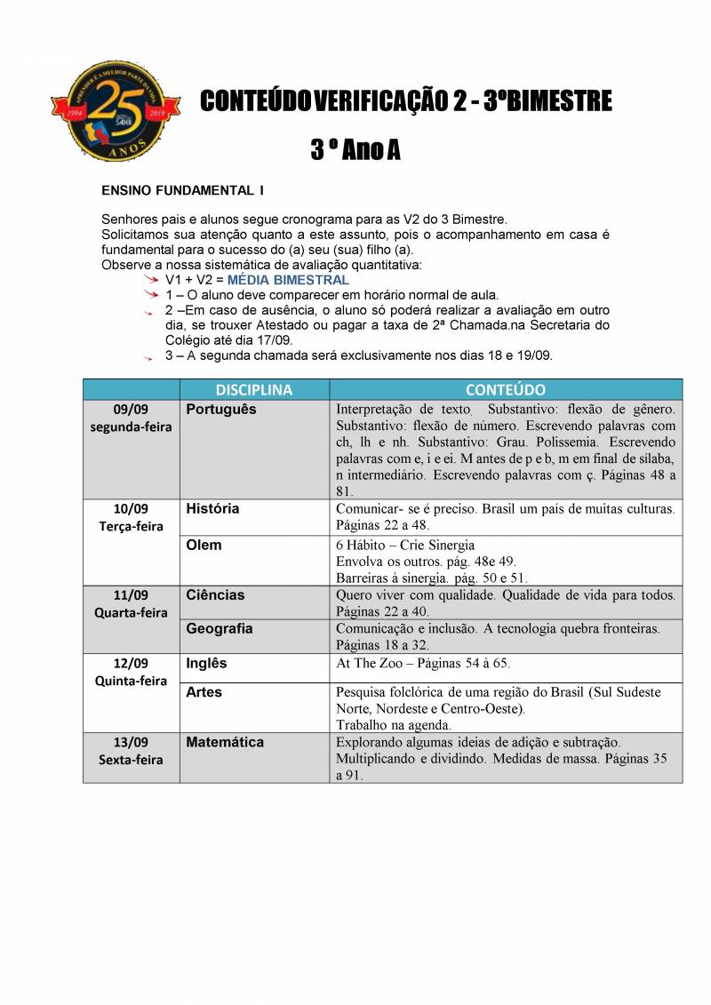 Cronograma de Verificao 2 - 3 Ano - Matutino - 3 Bimestre 2019