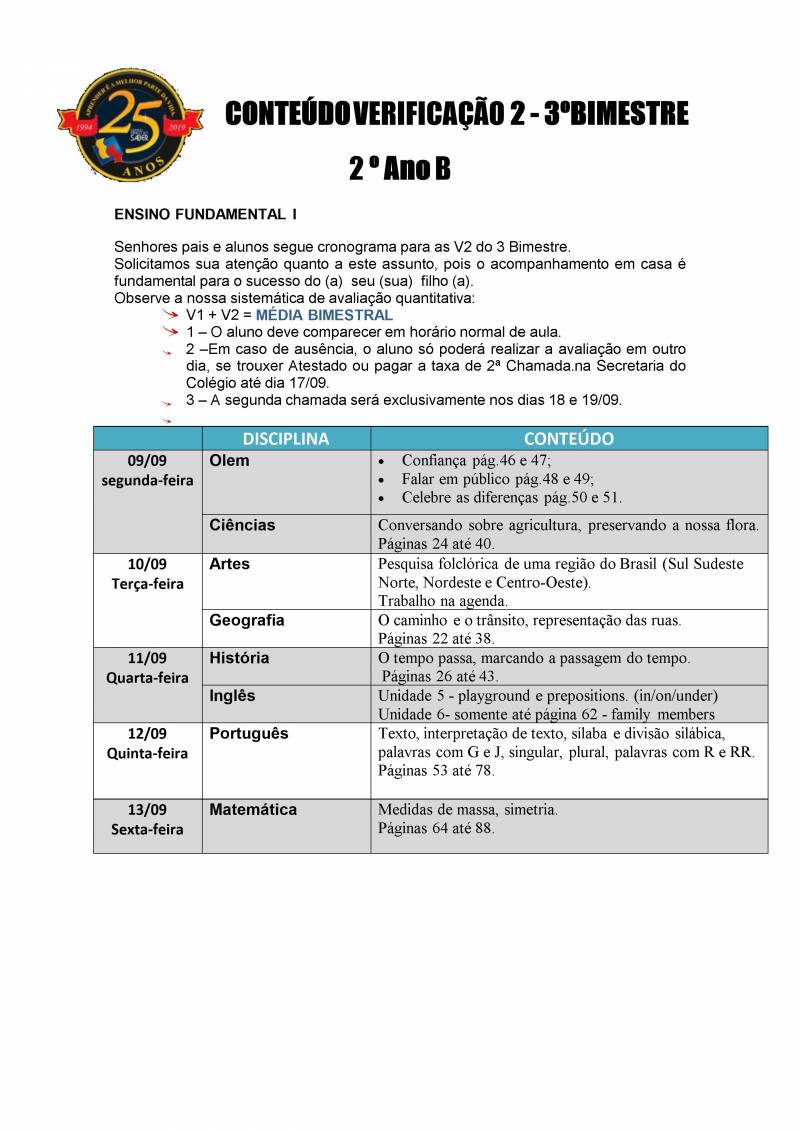 Cronograma de Verificao 2 - 2 Ano - Vespertino - 3 Bimestre 2019