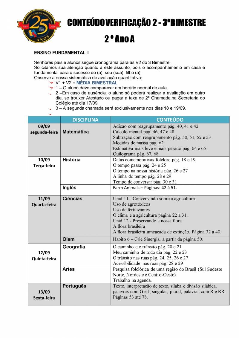 Cronograma de Verificao 2 - 2 Ano - Matutino - 3 Bimestre 2019