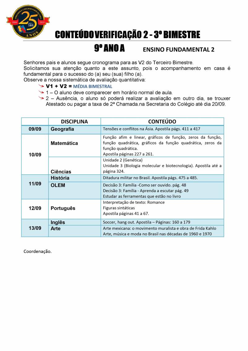 Cronograma de Verificao 2 - 9 Ano - Matutino - 3 Bimestre 2019