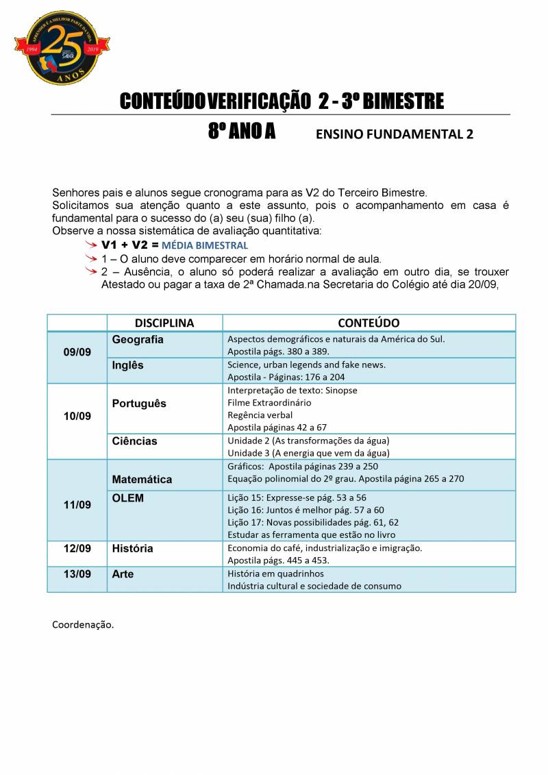 Cronograma de Verificao 2 - 8 Ano - Matutino - 3 Bimestre 2019