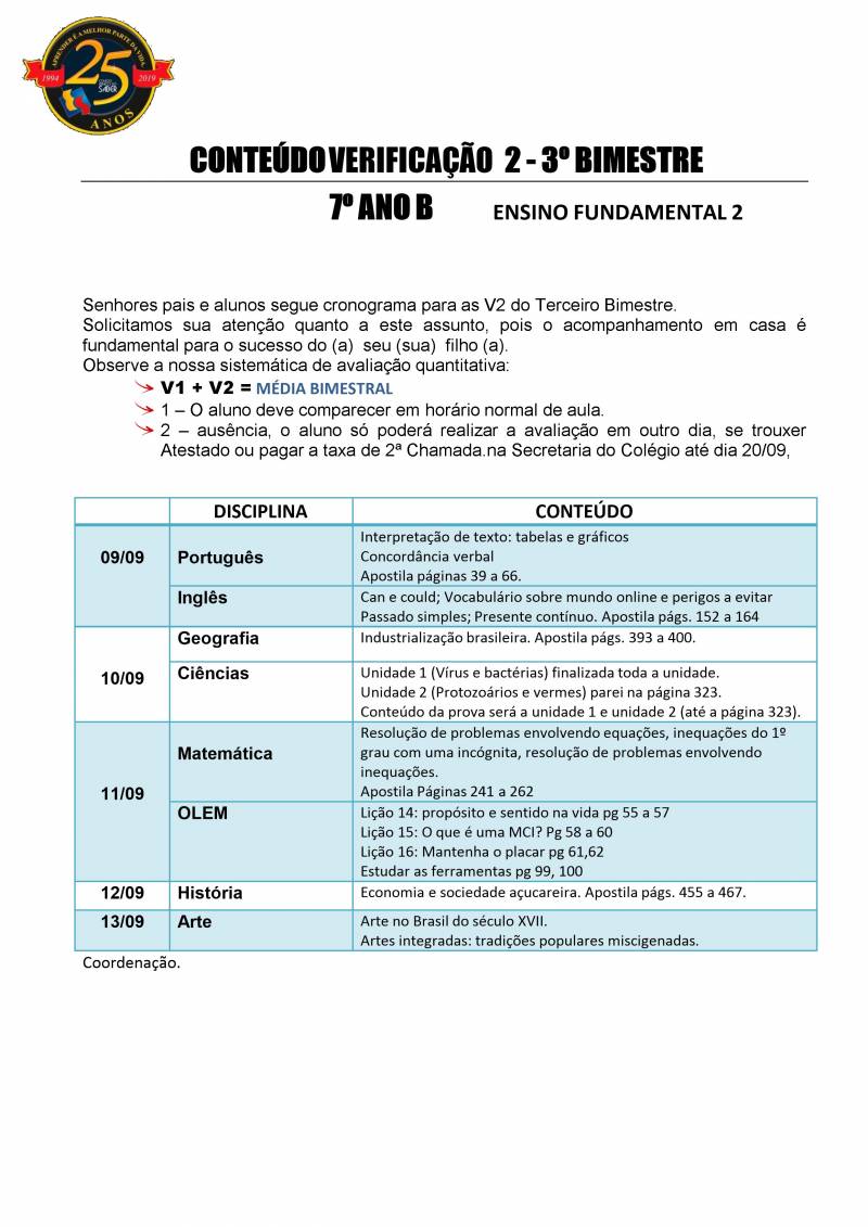 Cronograma de Verificao 2 - 7 Ano - Vespertino - 3 Bimestre 2019
