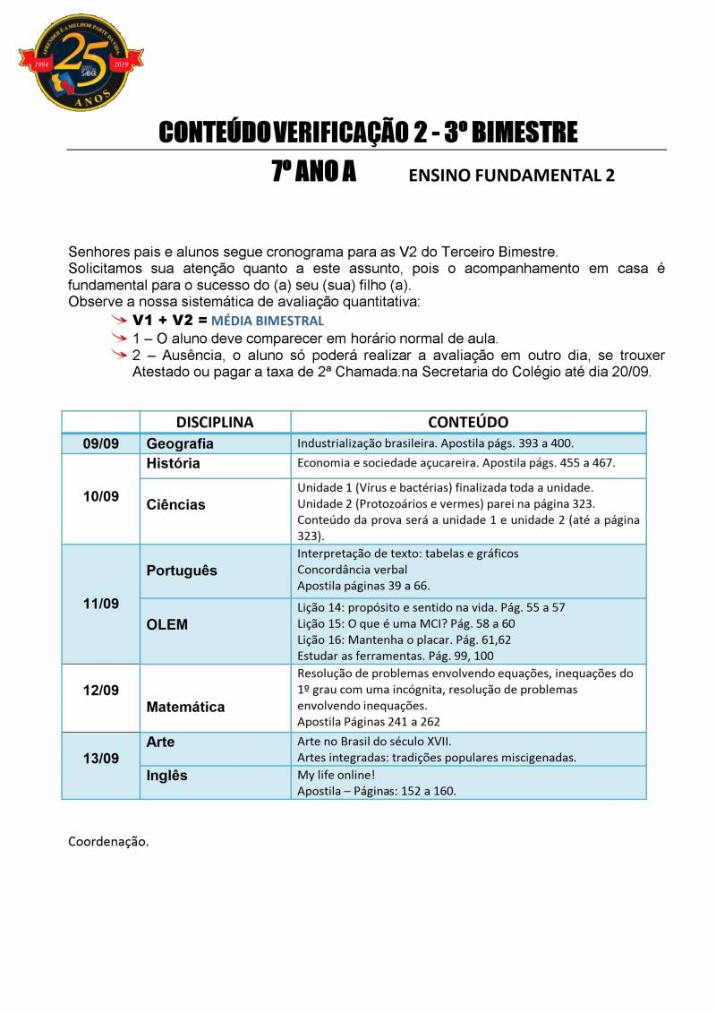 Cronograma de Verificao 2 - 7 Ano - Matutino - 3 Bimestre 2019