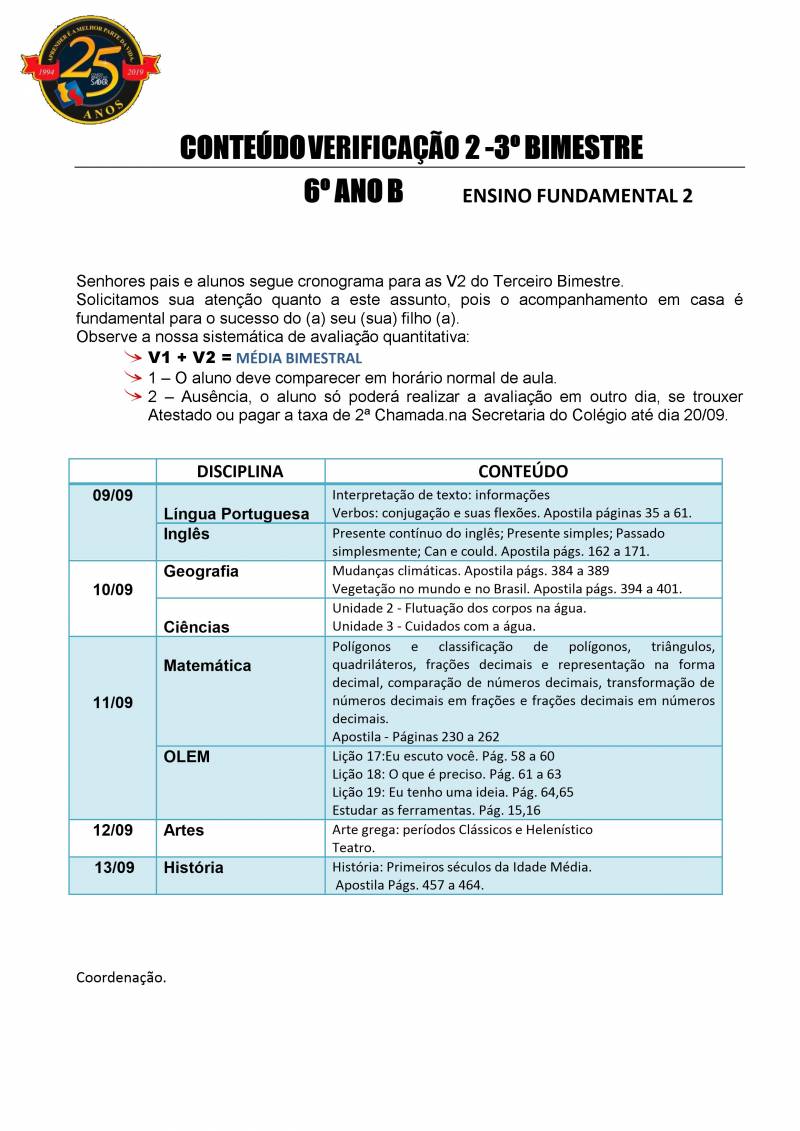 Cronograma de Verificao 2 - 6 Ano - Vespertino - 3 Bimestre 2019