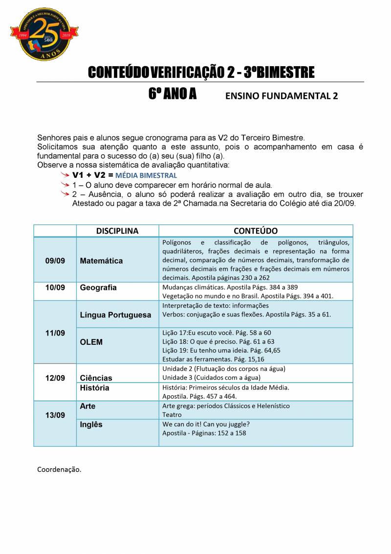 Cronograma de Verificao 2 - 6 Ano - Matutino - 3 Bimestre 2019